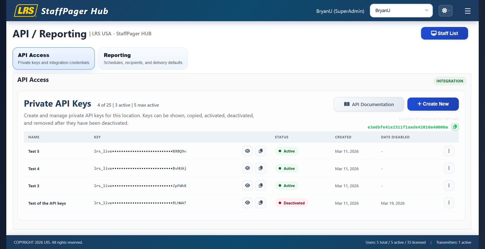 API access key management interface