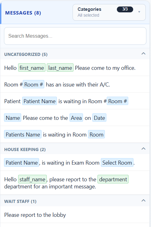 Preset messages organized by category